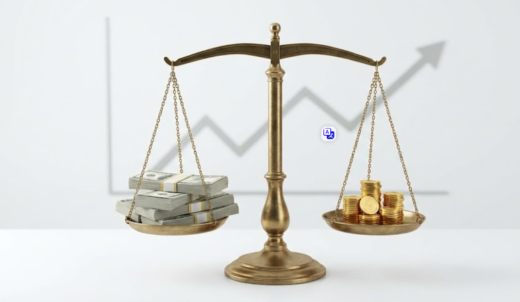 달러 지폐와 동전이 저울에 올려져 균형을 이루고 있는 금융 투자 컨셉 이미지
