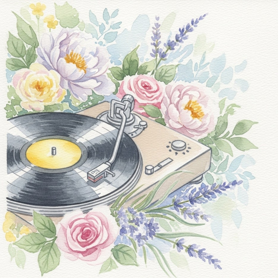 부드러운 꽃들에 둘러싸인 아날로그 바이닐 레코드