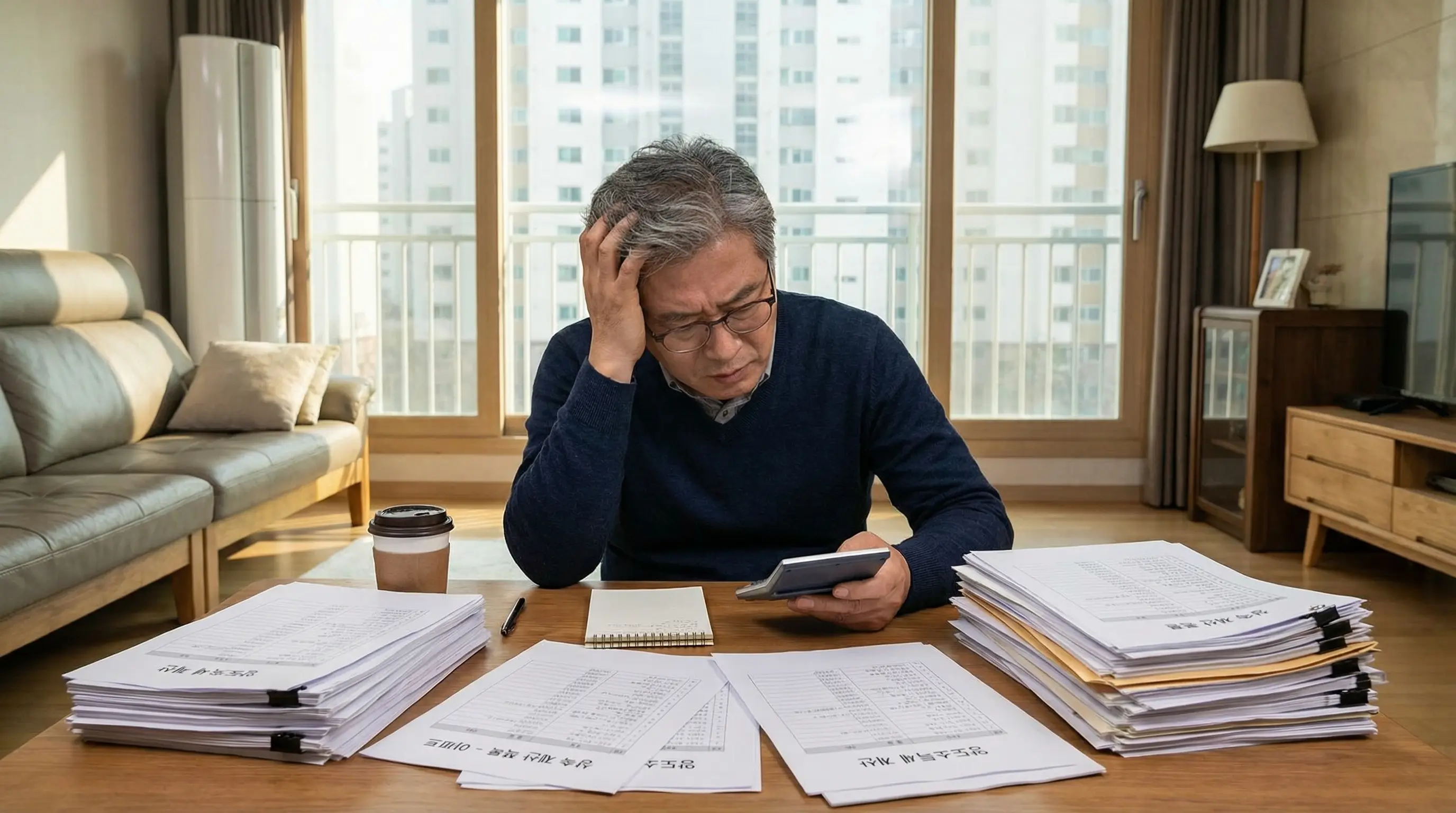 중년 한국인이 거실 테이블에서 상속 아파트 관련 서류와 계산기를 놓고 양도세를 계산하며 고민하는 모습