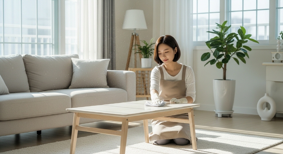 햇살 가득한 거실 청소 모습