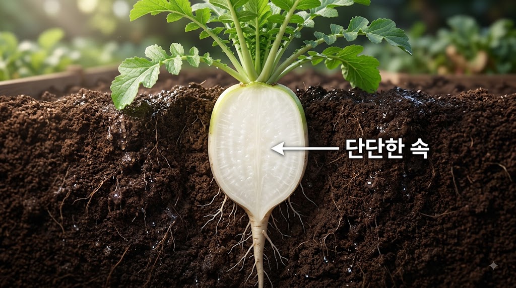 토양 속 수분이 균일하게 유지되어 내부가 하얗고 단단하게 차오른 무
