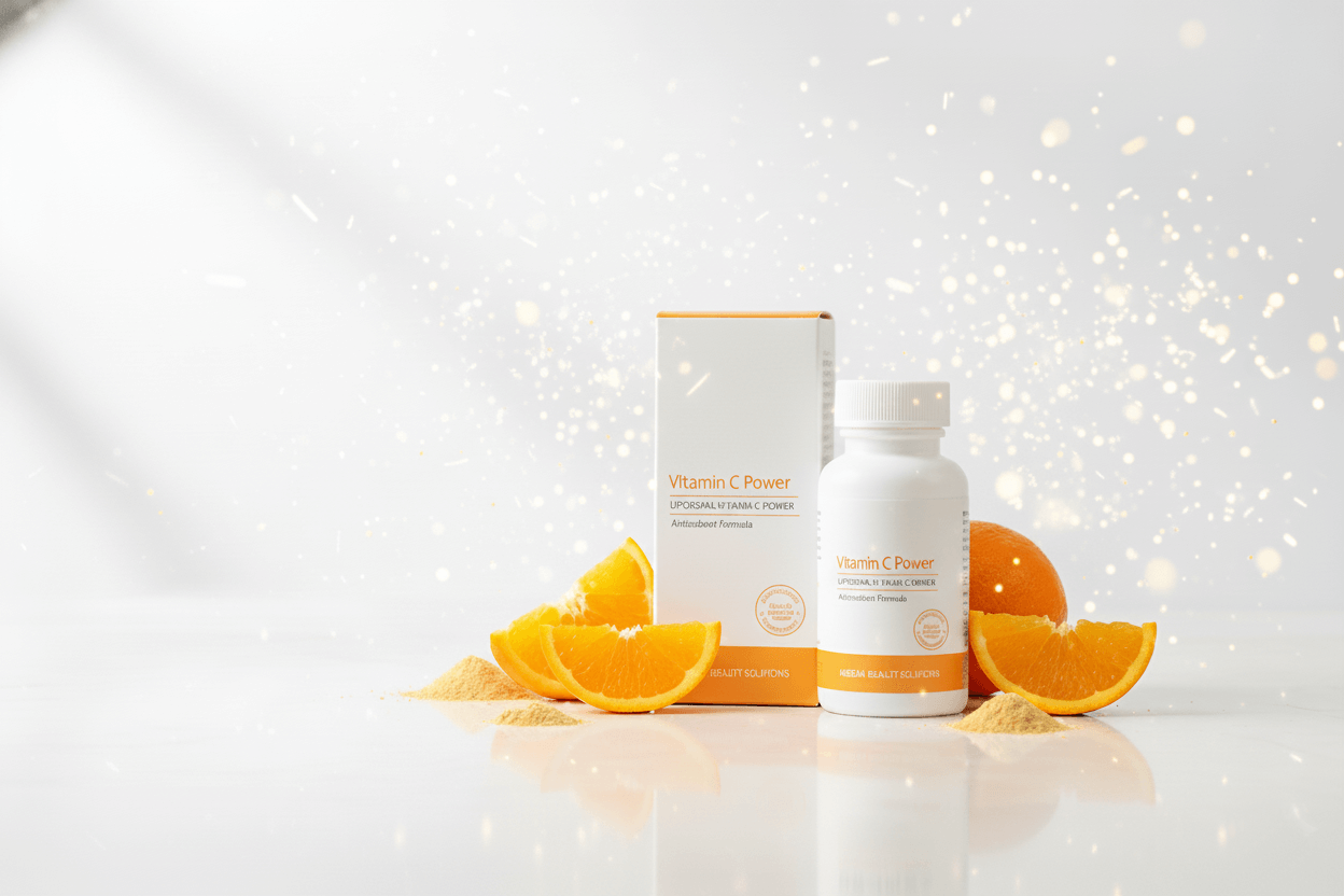 Vitamin C Power 비타민C 영양제 패키지(박스&middot;보틀)와 오렌지 슬라이스 연출