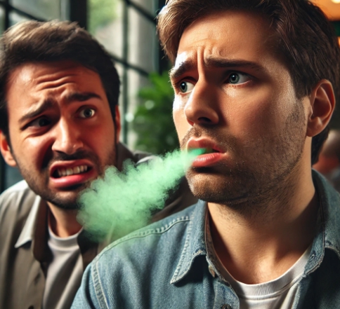 입냄새가 심한 친구때문에 괴로워 하는 남성의 모습