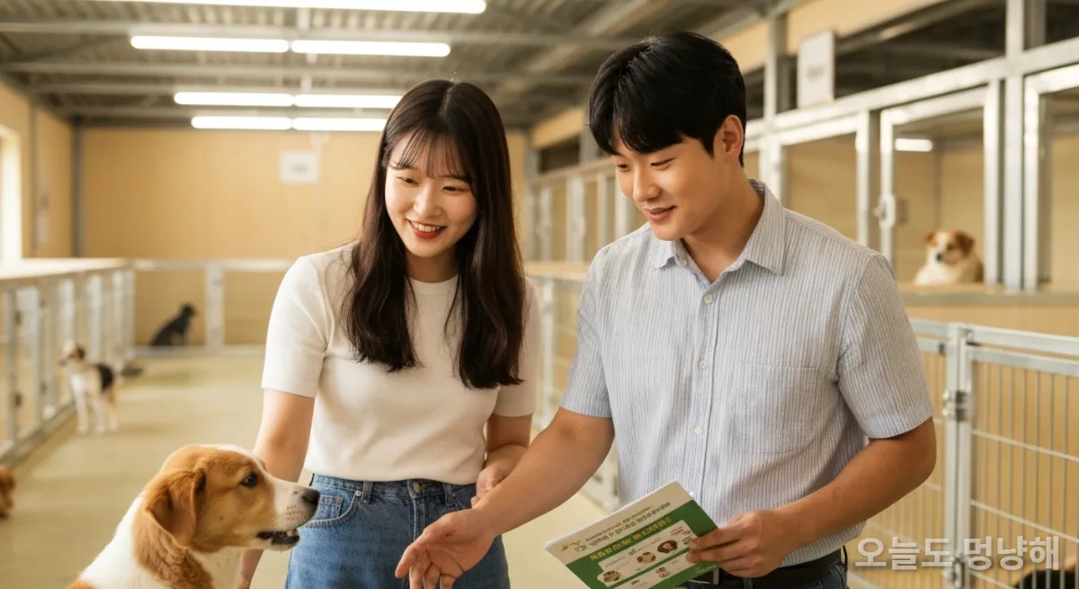 동물 보호소에서 강아지를 바라보는 한국인 커플