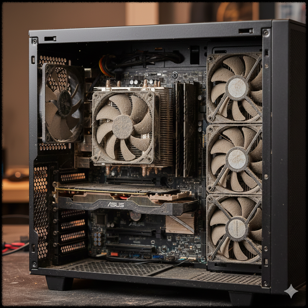 먼지 누적으로 인해 PC 발열과 팬 소음이 증가한 내부 상태