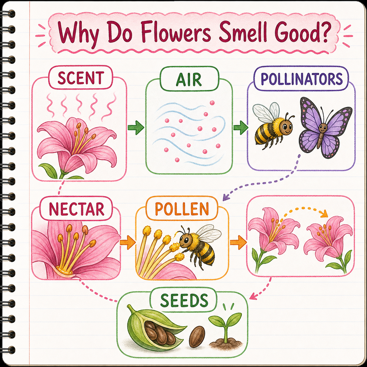 Infographic explaining flower scent, petals, nectar, pollinators, and seeds