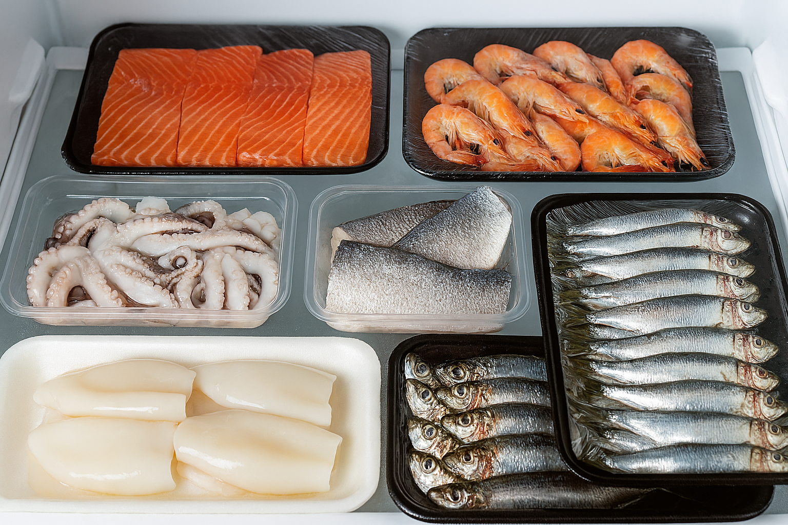 냉장고에 신선한 해산물이 종류별로 포장 용기 또는 팩에 보관된 모습