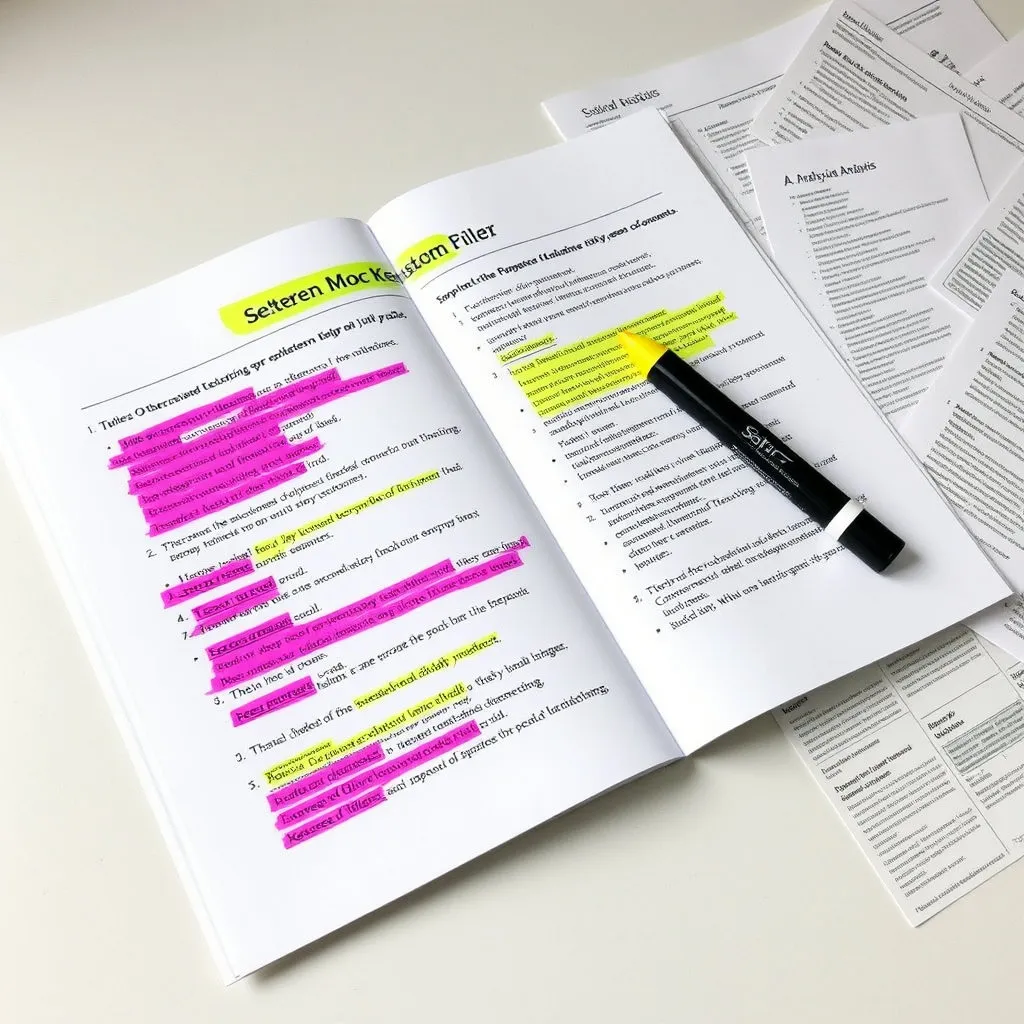 펼쳐진 9월 모의고사 시험지 위에 형광펜으로 중요한 부분이 밑줄 그어져 있거나, 여백에 '킬러 문항', '체감 난이도 상' 등의 코멘트가 직접 필기되어 있는 모습입니다. 옆에는 분석 자료나 해설지가 함께 놓여있어도 좋습니다.