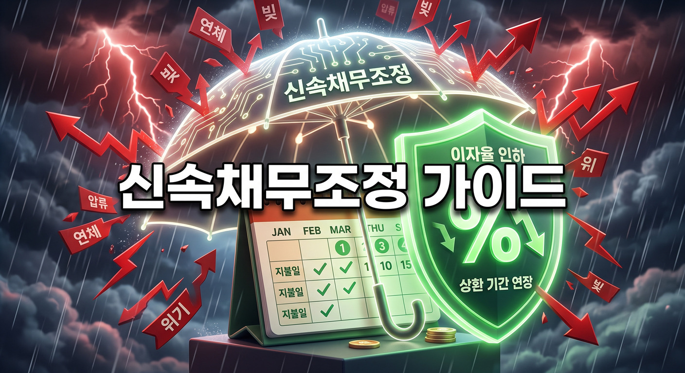 결제일이 표시된 달력을 향해 쏟아지는 붉은색 빚 독촉 경고 폭풍을 튼튼한 디지털 우산이 막아주고, 이자율 인하를 상징하는 퍼센트 기호가 있는 녹색 방패가 빛나는 3D 일러스트 배경에, 짙은 그림자와 외곽선으로 선명하게 강조된 '신속채무조정 가이드'라는 한글 문구가 중앙에 적힌 이미지