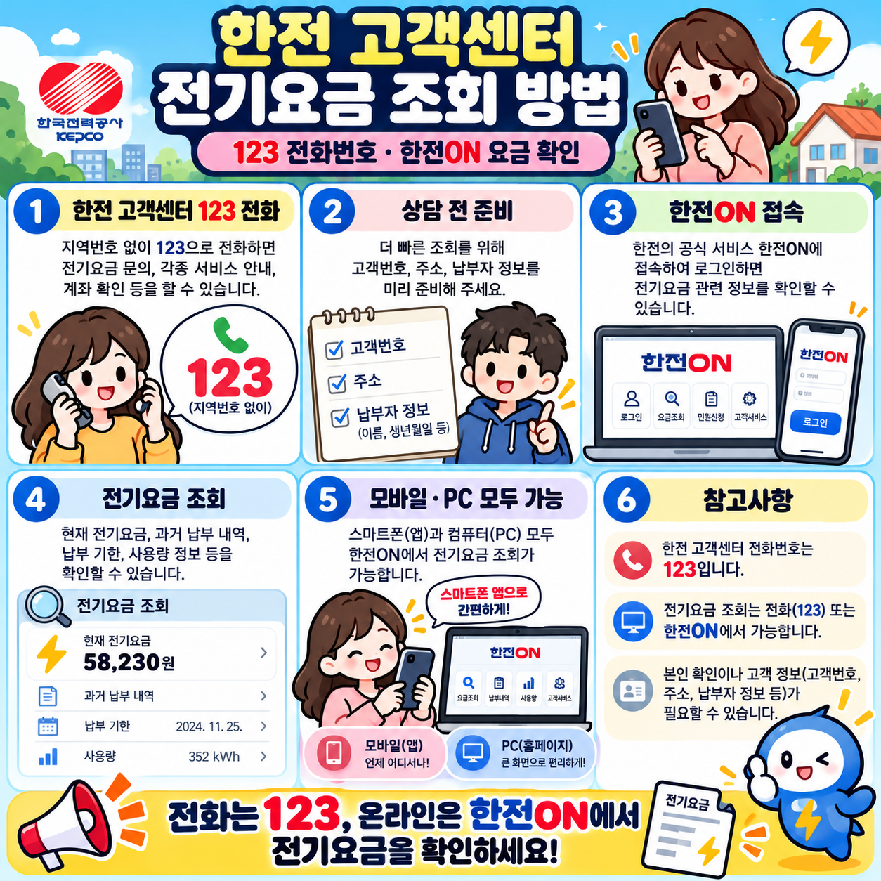 한전 고객센터 전기요금 조회 방법, 123 전화번호&middot;한전ON 요금 확인