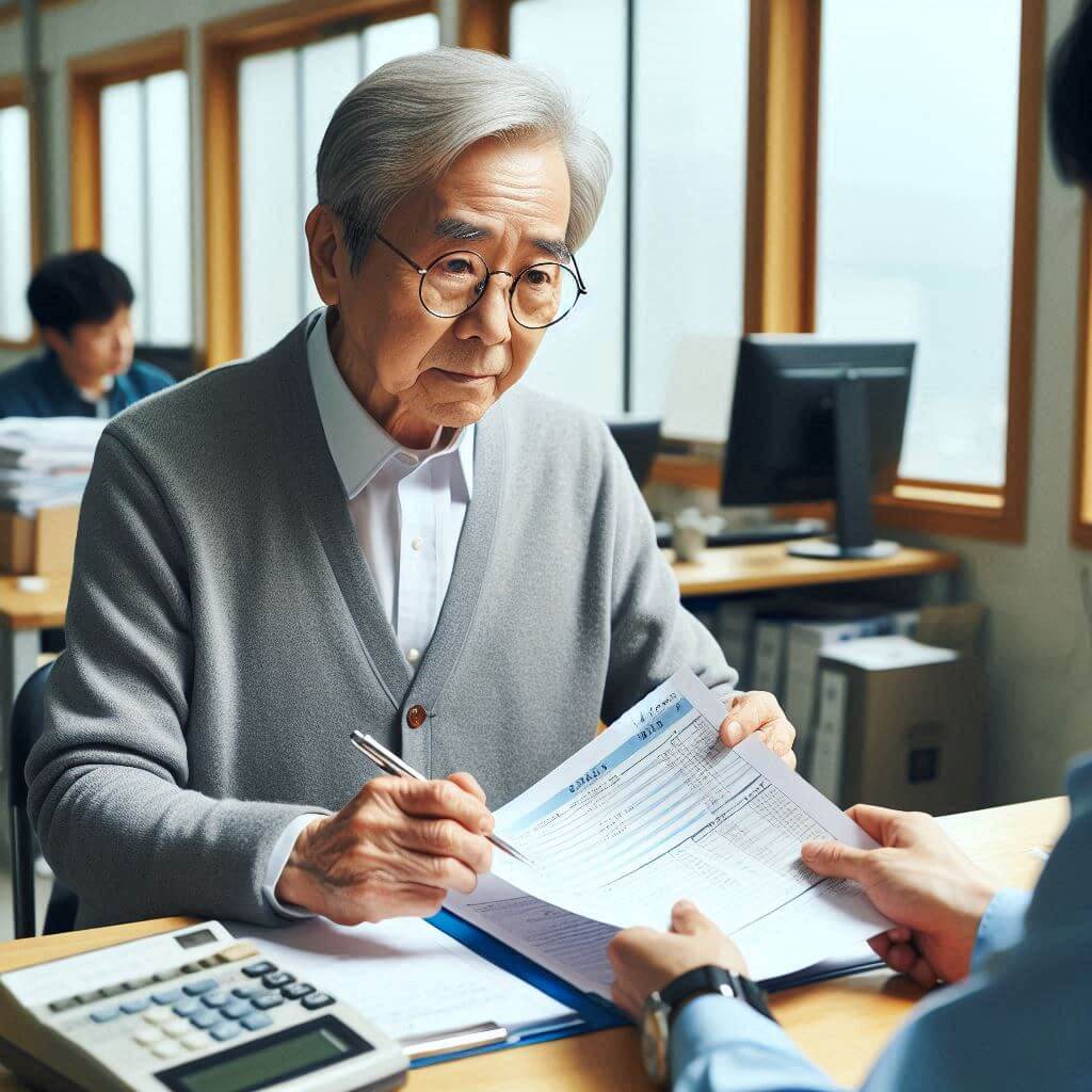 노년의 남성이 복지 지원 신청서를 검토하며 상담받는 장면