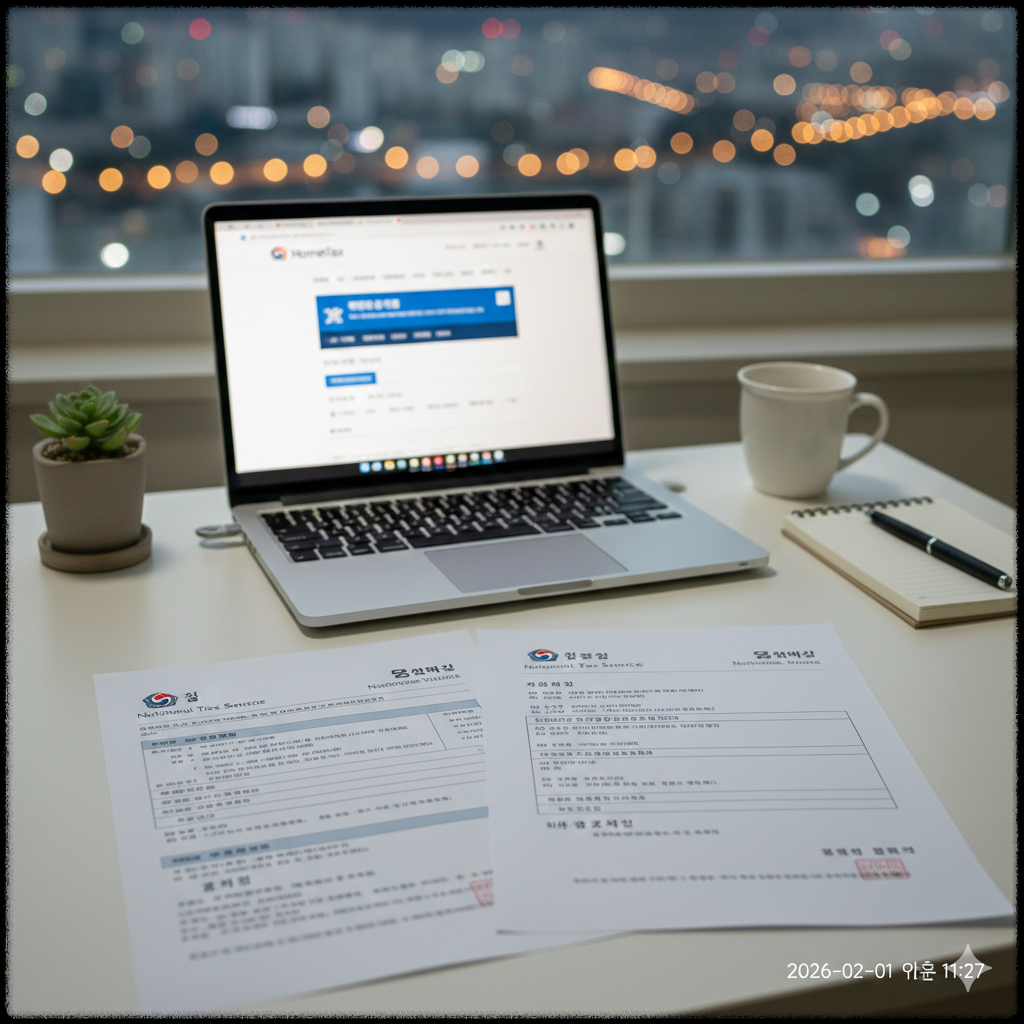 소득금액증명원과 원천징수영수증을 나란히 비교하는 모습