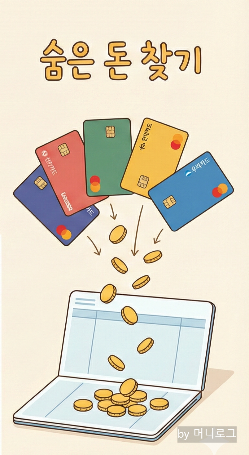 여러 카드에 흩어진 카드 포인트가 통장으로 모이는 것을 표현한 일러스트