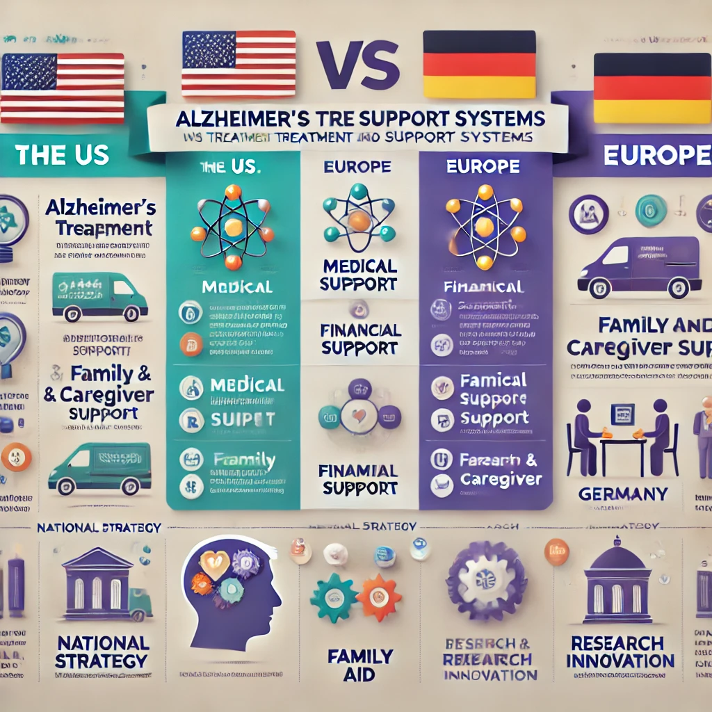 유럽과 미국의 알츠하이머 치료및 지원제도를 비교하는
인포그래픽입니다.