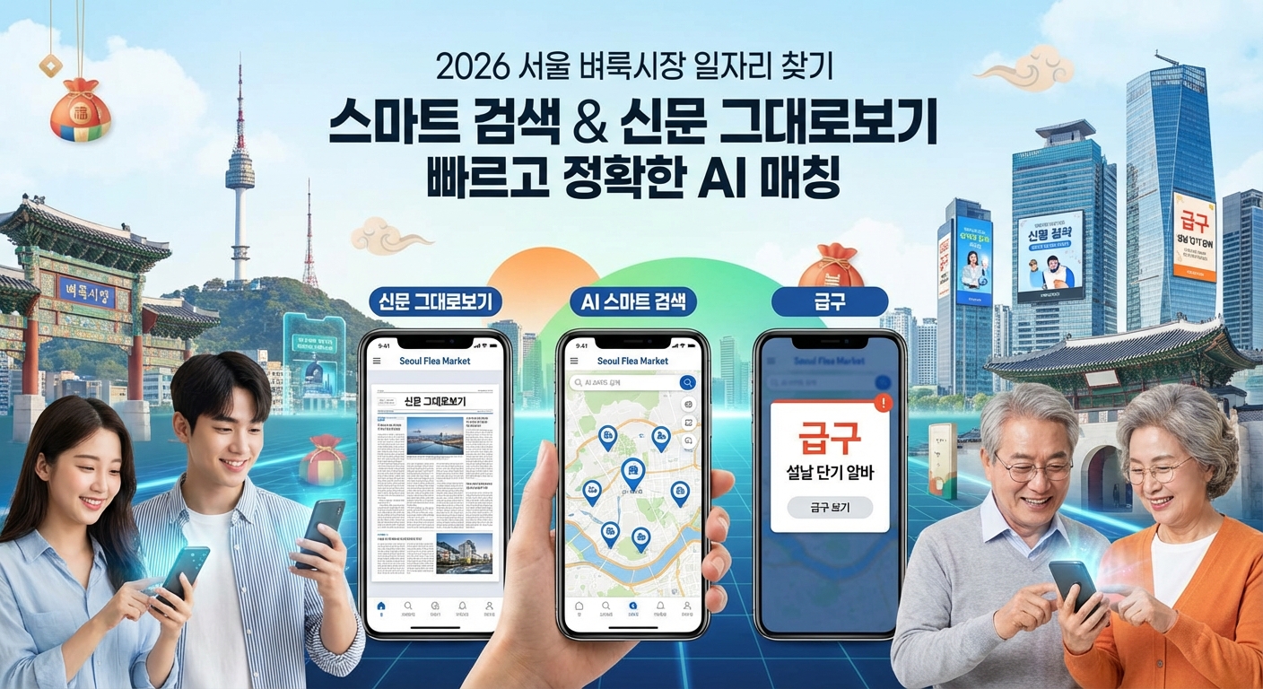 2026년 서울 벼룩시장 앱을 통해 스마트폰으로 일자리를 찾는 청년과 중장년층의 모습. 신문 그대로보기, AI 스마트 검색, 설날 단기 알바 급구 기능이 강조되어 있다.