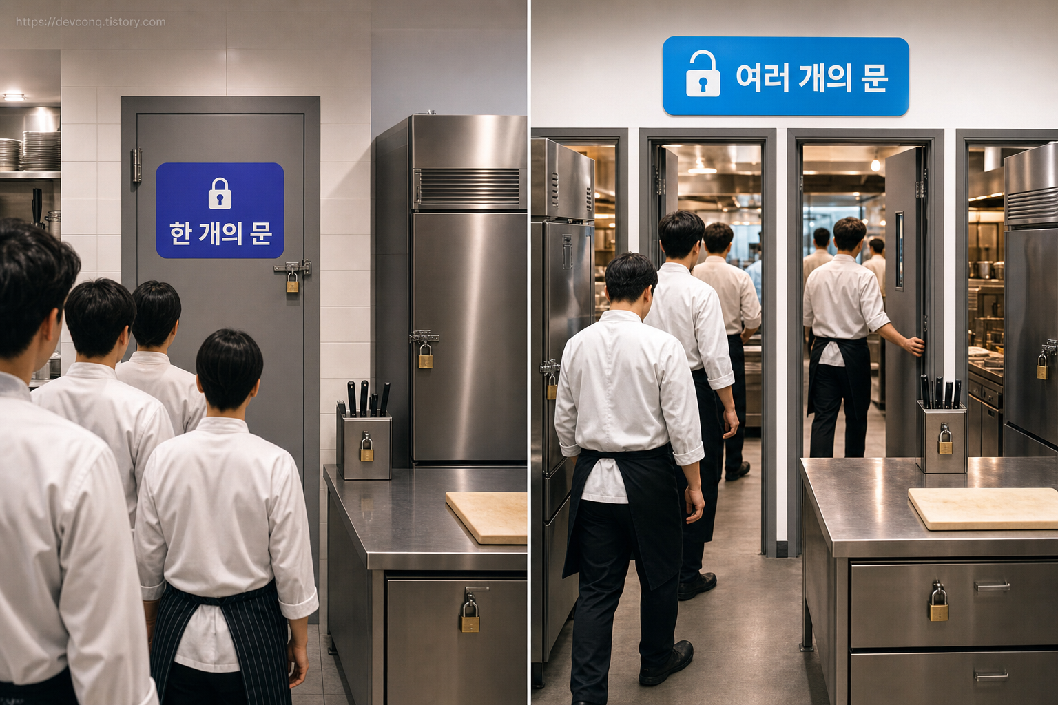 열쇠 하나뿐인 주방과 여러 출입문이 열린 주방의 병렬 작업 비교