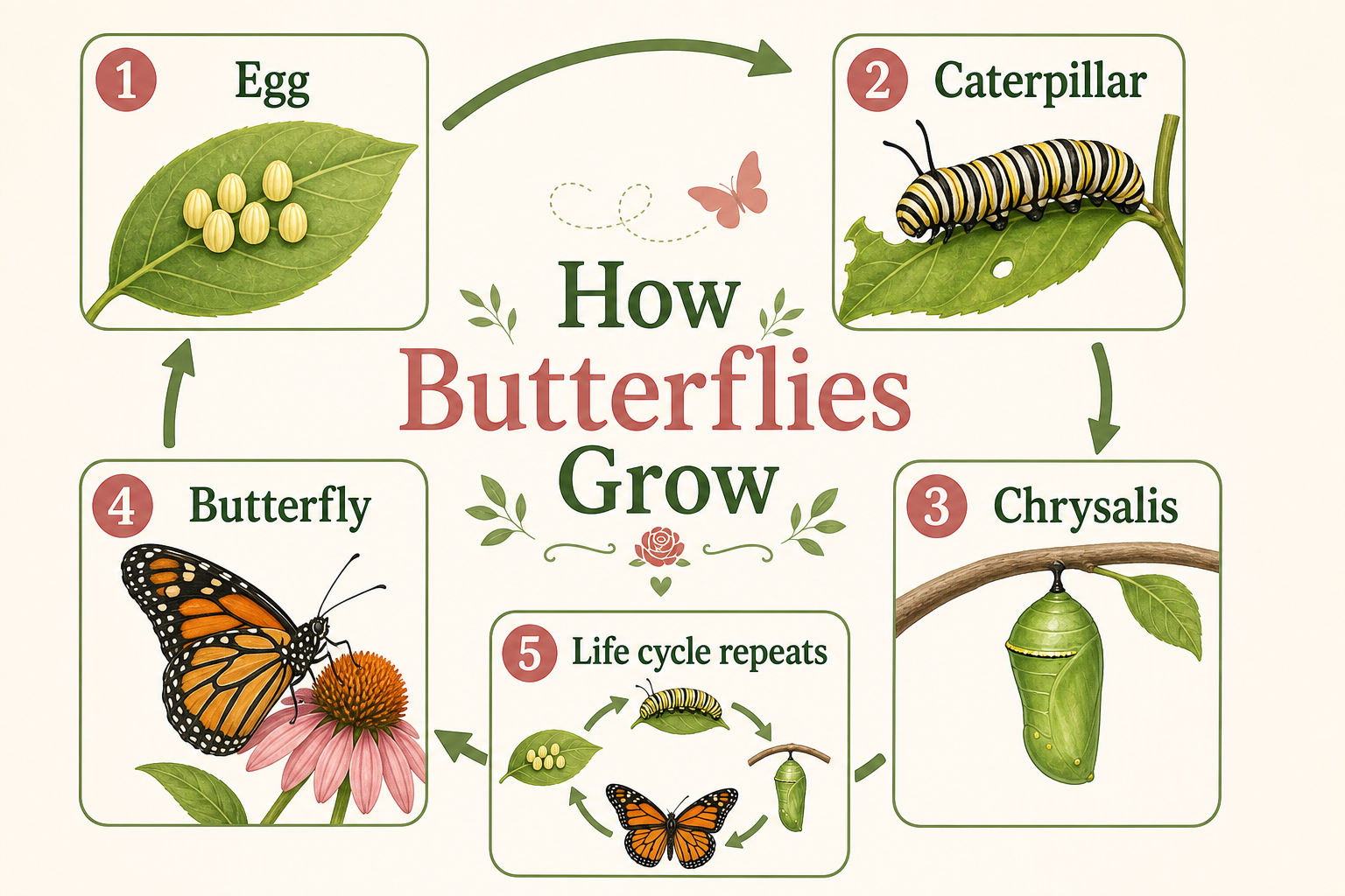 Infographic explaining how butterflies grow