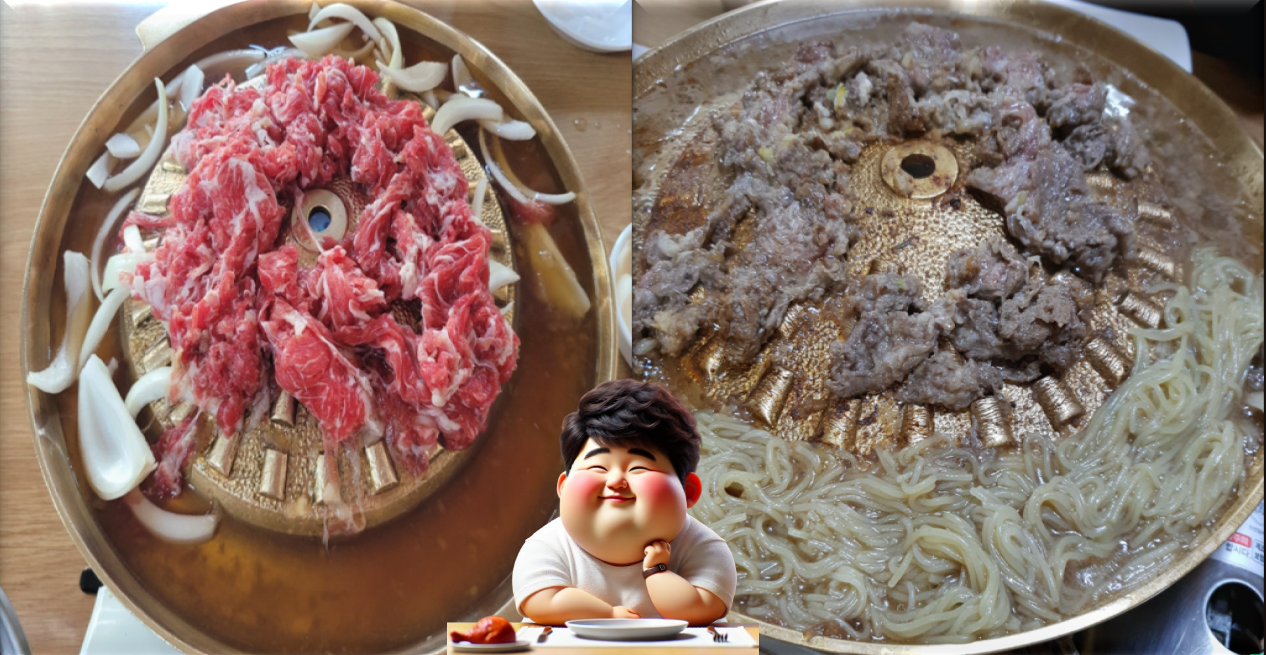 소불고기와-국물에-냉면-사리를-끓여서-먹는-장면