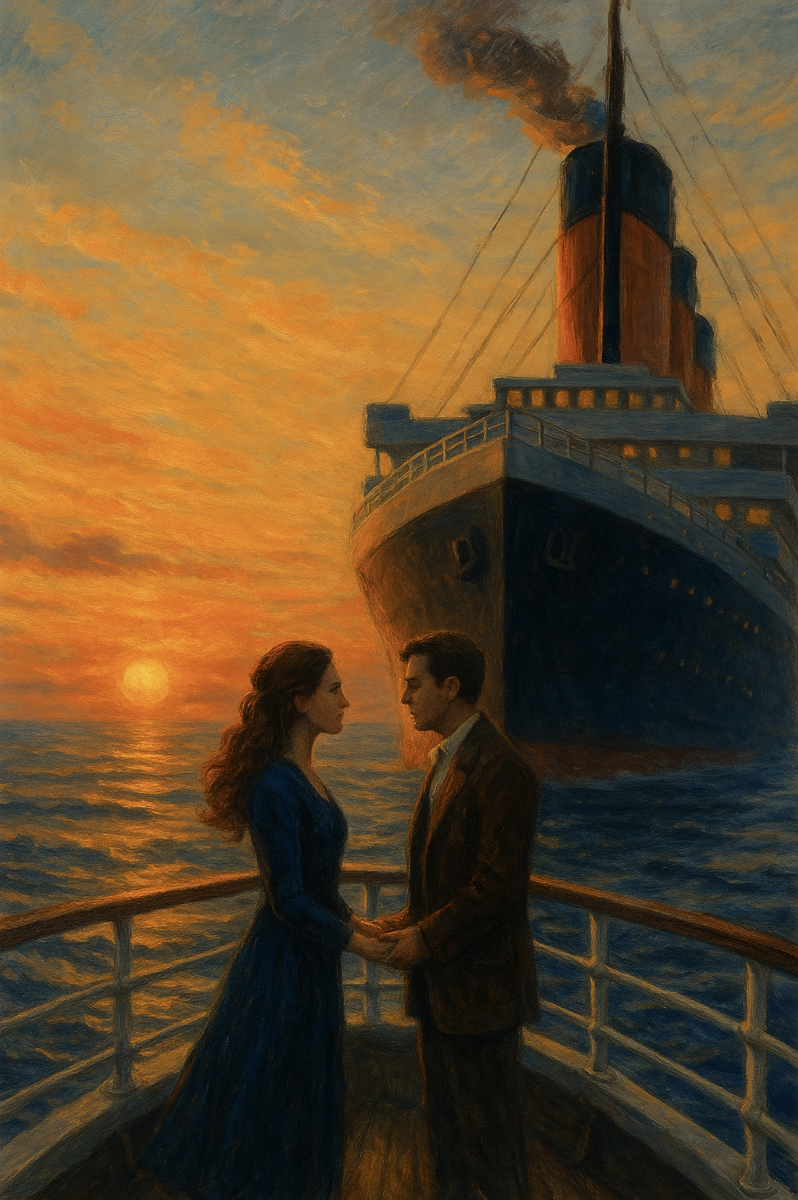 타이타닉 명장면 노을지는 바다 위에 서있는 남자와 여자