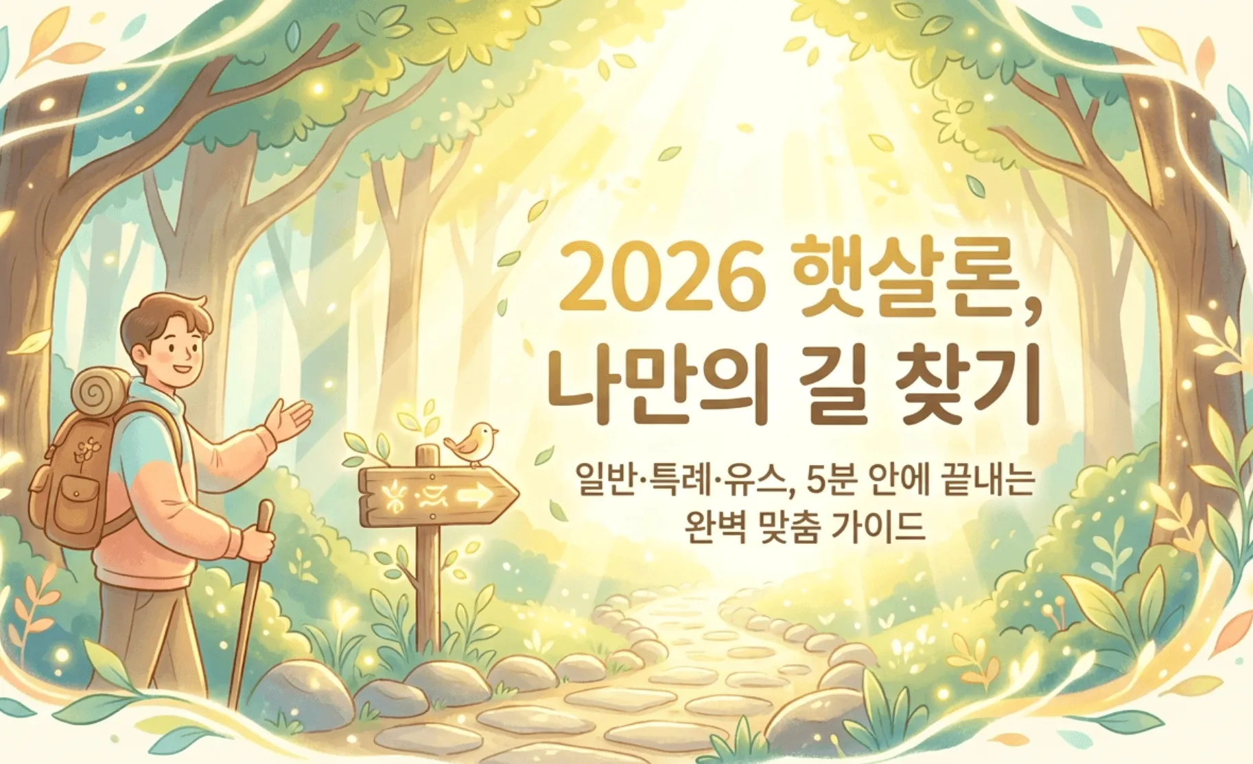 햇살론 대출: ’2026 햇살론, 나만의 길 찾기'와 '일반·특례·유스, 5분 안에 끝내는 완벽 맞춤 가이드'라는 문구가 적힌 햇살론 대출조건 비교 블로그 대표 이미지. 숲속 길에서 배낭을 멘 남성이 이정표를 바라보는 모습으로, 2026년 개편된 햇살론 일반·특례·유스 세 상품 중 내게 맞는 대출조건을 찾아가는 과정을 시각적으로 전달하며, 블로그의 햇살론 종류별 자격·금리·한도 비교 주제와 관련된 내용을 설명함