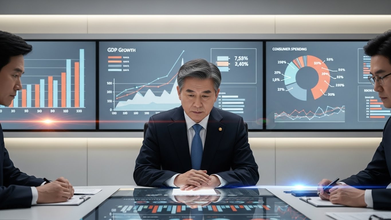 정부 관계자들이 경제 지표 차트와 그래프를 보며 3차 민생지원금 지급에 대해 신중하게 논의하는 모습