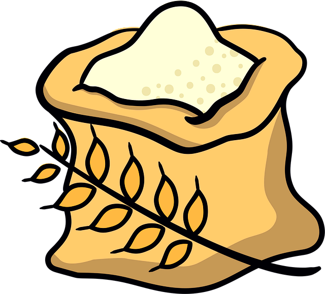 황색 포대에 하얀 밀가루가 가득 들어있다.