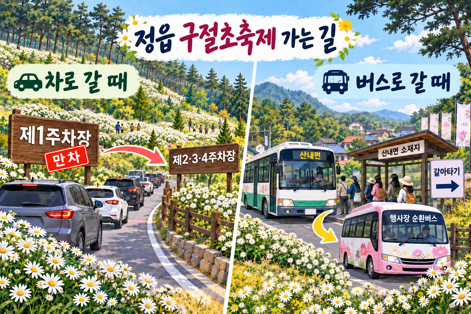 제1주차장 만차시 제2&middot;3&middot;4주차장 이용, 산내면 소재지에서 행사장 순환버스로 환승