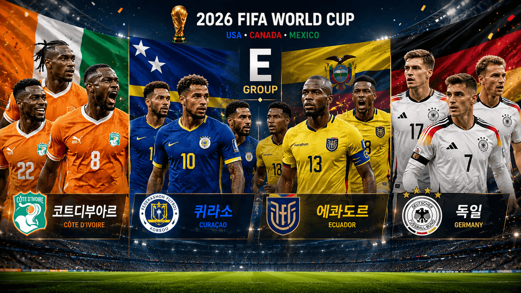 2026 FIFA 북중미 월드컵 조별리그 E조 참가국 안내: 코트디부아르, 퀴라소, 에콰도르, 독일 대표팀 라인업 이미지