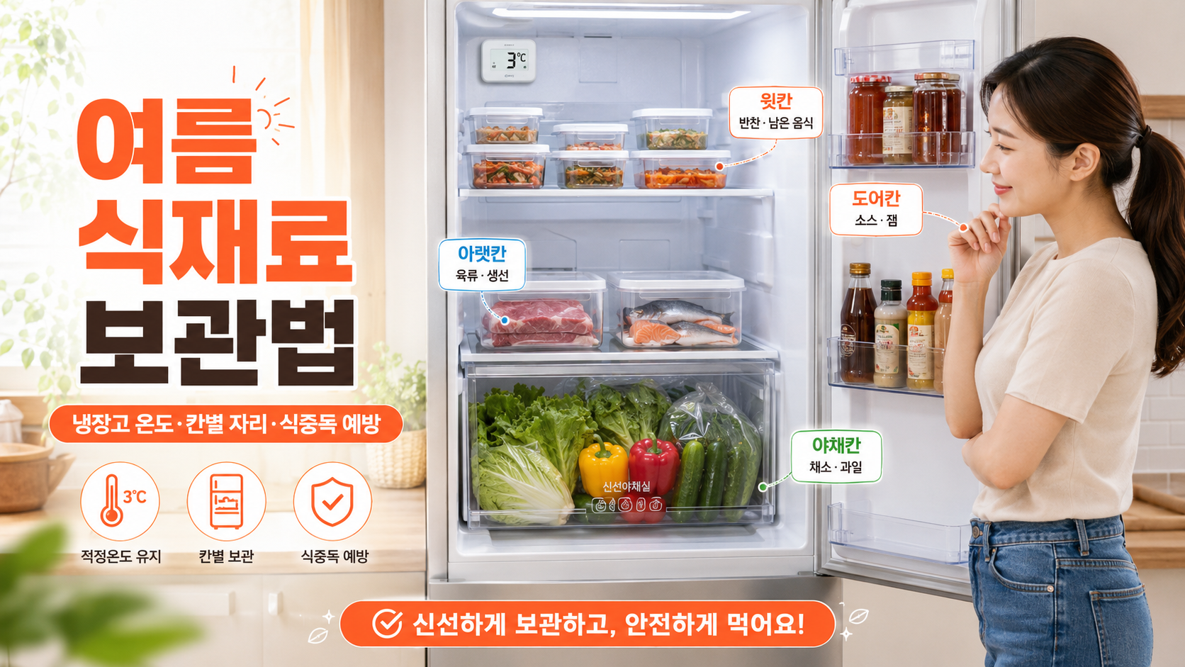 여름 식재료 보관법을 설명하는 이미지로 냉장고 안에 고기와 생선은 아래칸, 반찬과 남은 음식은 윗칸, 채소와 과일은 채소칸, 소스와 잼은 문쪽 칸에 정리되어 있다.