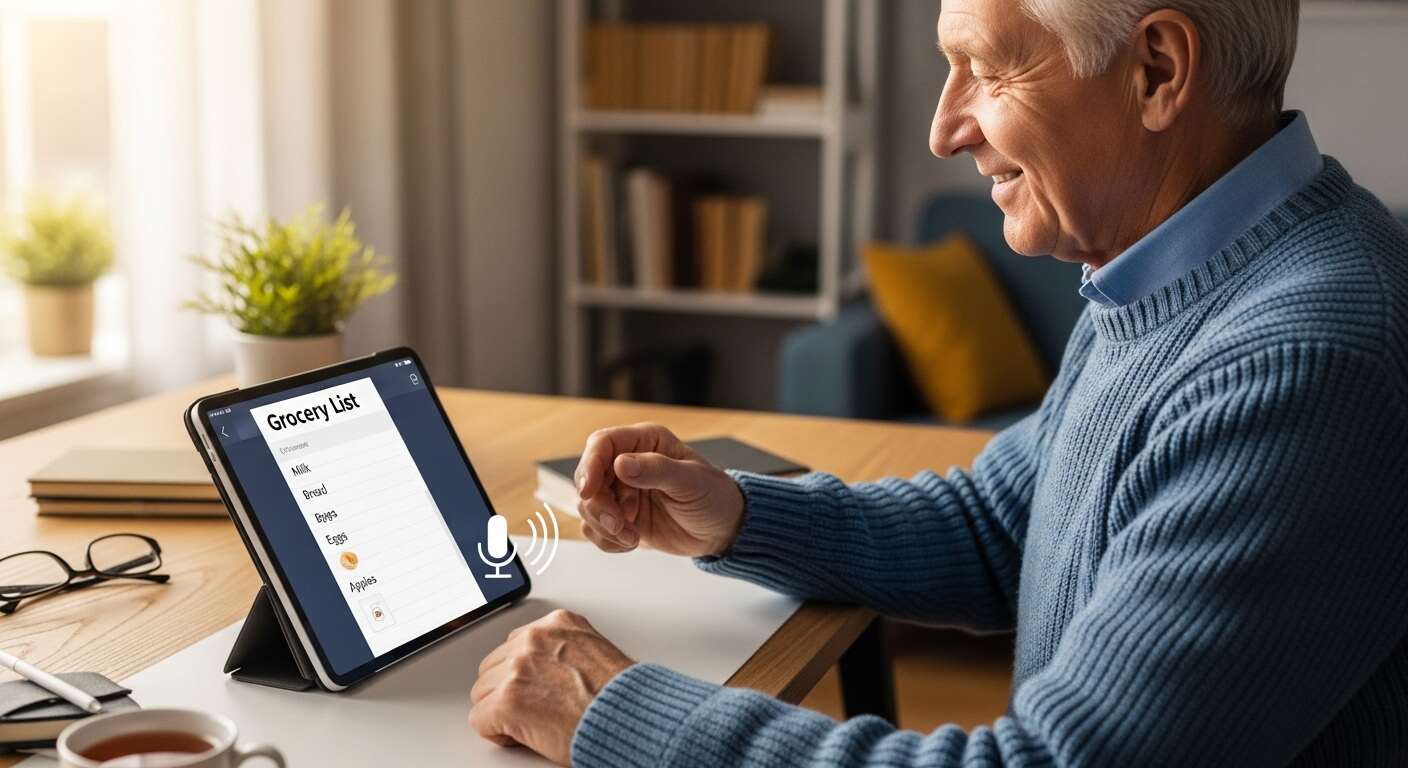 시니어가 큰 글씨와 음성 명령을 활용해 메모 앱을 사용하는 모습