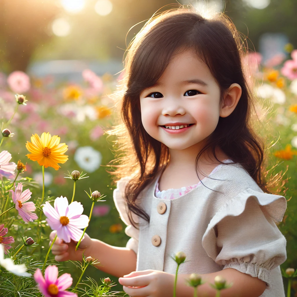 살 정도 된 한국 아이가 밝게 웃으며 햇살 가득한 꽃밭에서 노는 모습&amp;#44; 주변에는 생생한 꽃들이 가득하고 따뜻한 날씨에 적합한 옷을 입고 있음