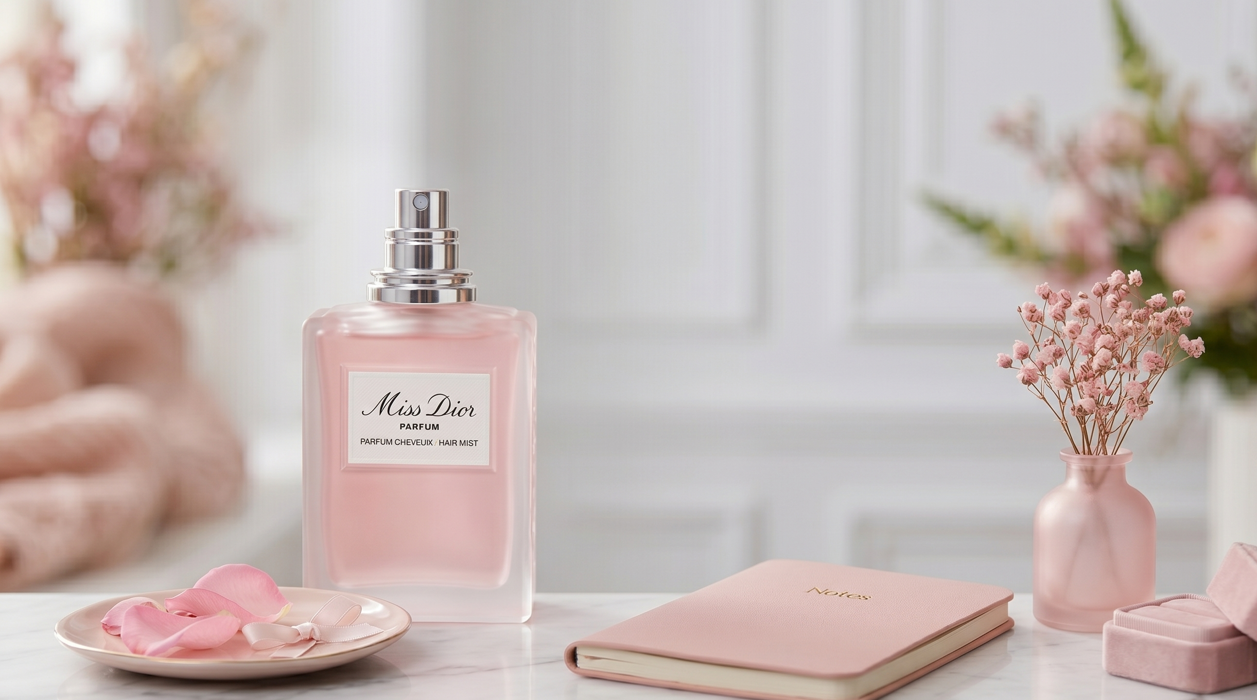 미스 디올 헤어 미스트와 핑크색 소품들이 어우러진 감성 사진