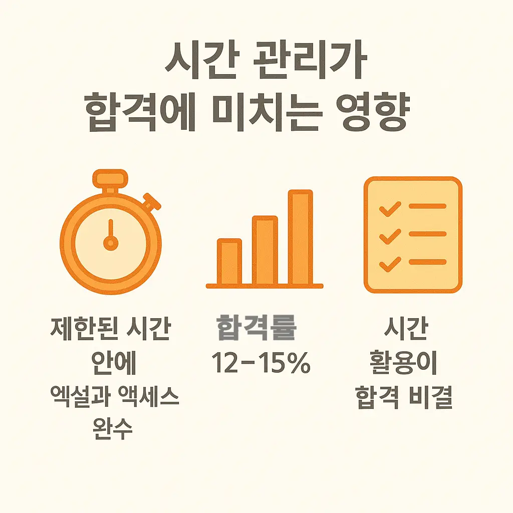 컴활 1급 실기시험에서 제한된 시간 안에 엑셀과 액세스를 완료하고 합격률 12~15%를 달성하기 위한 시간 활용의 중요성을 보여주는 이미지