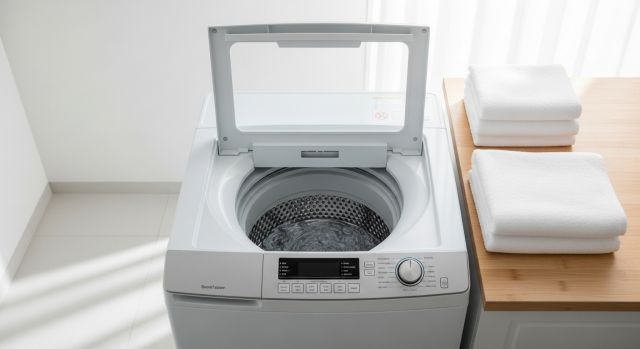 통돌이 세탁기 한 대가 놓인 깔끔한 세탁실과 내부 세탁 장면을 보여주는 추천 가이드 이미지