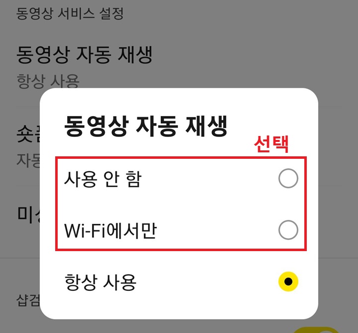 동영상 자동 재생 선택 창 보임