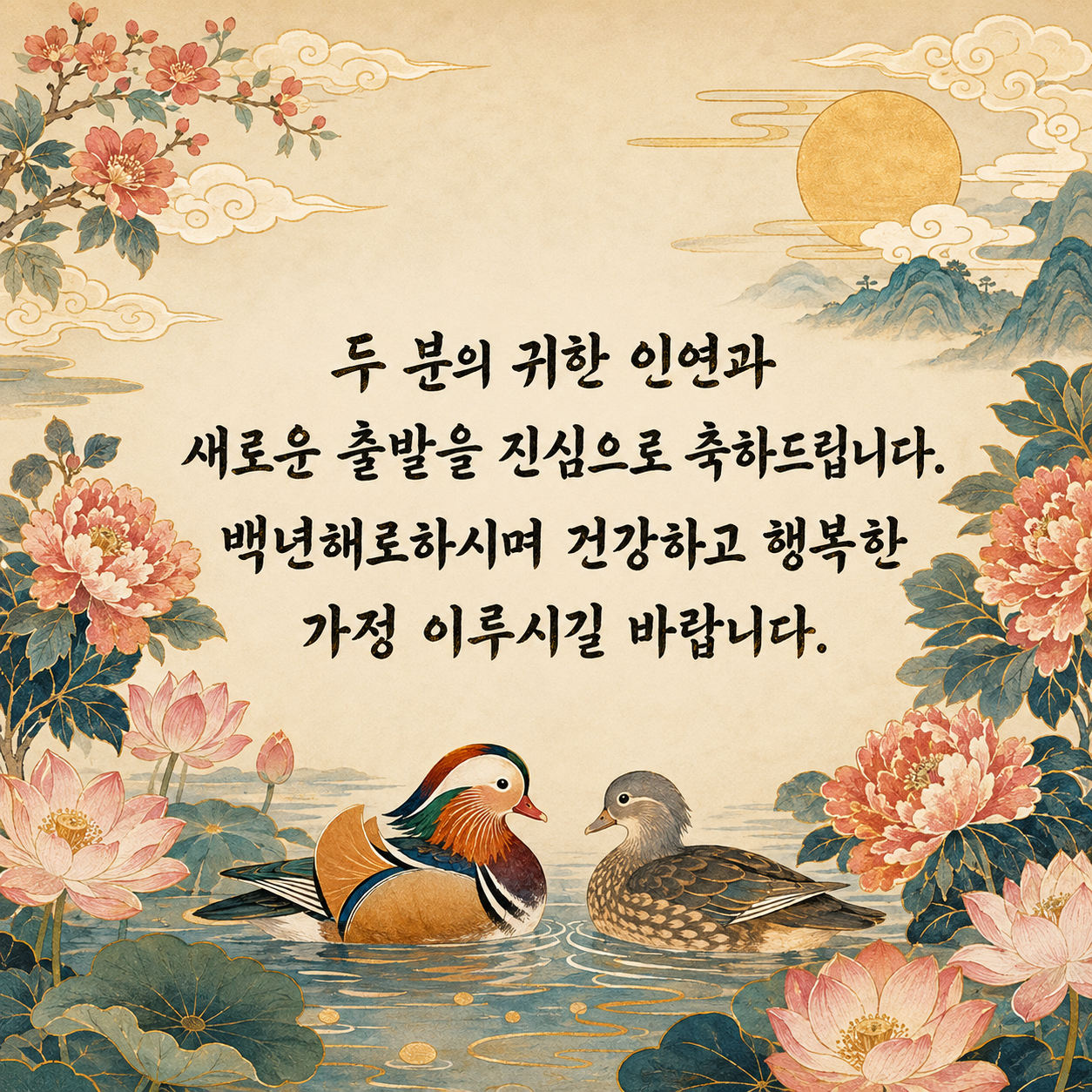 결혼 축하 문구 20 - 귀한 인연과 새로운 출발, 백년해로와 행복한 가정을 기원하는 글귀