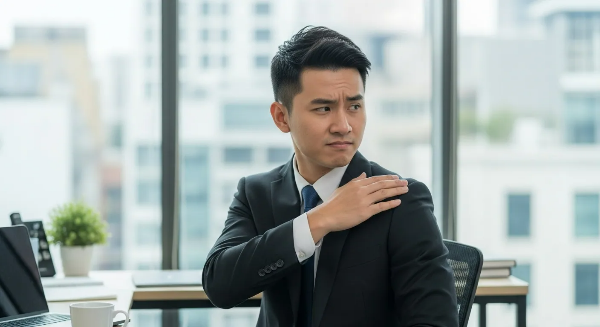 양복을 입은 남성이 어깨에 있는 비듬을 털어내고 있는 모습