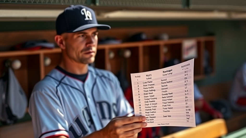 A baseball lineup card with player names listed from 1st to 9th, held by a manager in the dugout.