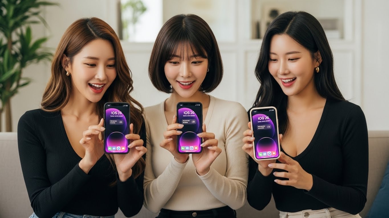 아이폰 화면을 보여주는 여성들