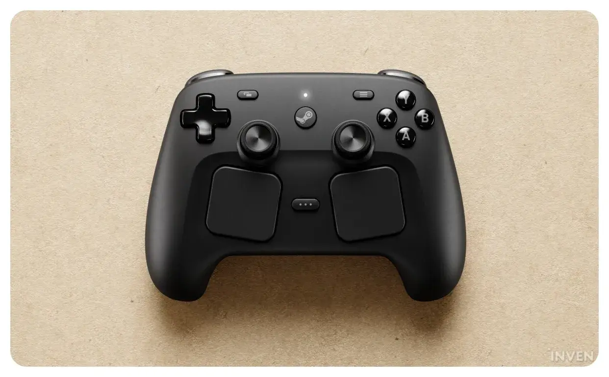신형 스팀 컨트롤러 이미지: 듀얼 트랙패드·후면 버튼·자이로 포함, 스팀 덱과 유사한 조작 구성