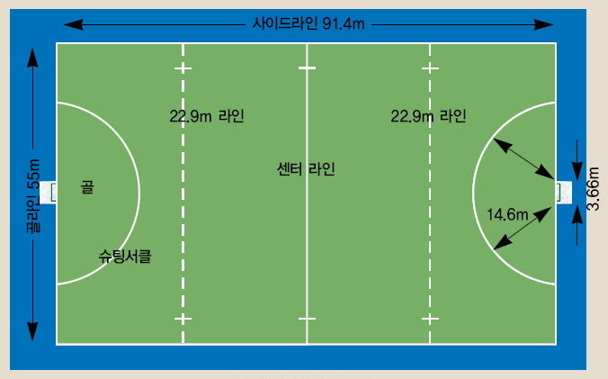 푸른 잔디 위에 하얀색 라인으로 구획된 필드하키 경기장 전경