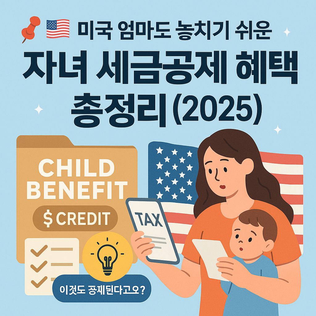 미국 국기를 배경으로 한 엄마와 어린 아이가 세금 관련 서류를 들고 있는 모습.
왼쪽에는 "CHILD BENEFIT", "$CREDIT", 체크리스트 아이콘, 전구 아이콘이 함께 표시되어 있고, 하단에는 "이것도 공제된다고요?"라는 문구가 있음.
미국에서 자녀를 키우는 부모를 위한 세금 혜택 정보 안내 콘텐츠로 보임