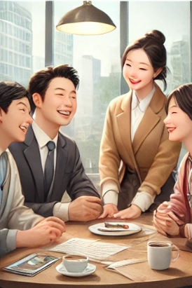 환하게 웃으며 대화를 나누고 있는 모습