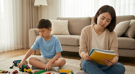 세 번이나 재촉해도 딴짓하는 아들과 지친 엄마