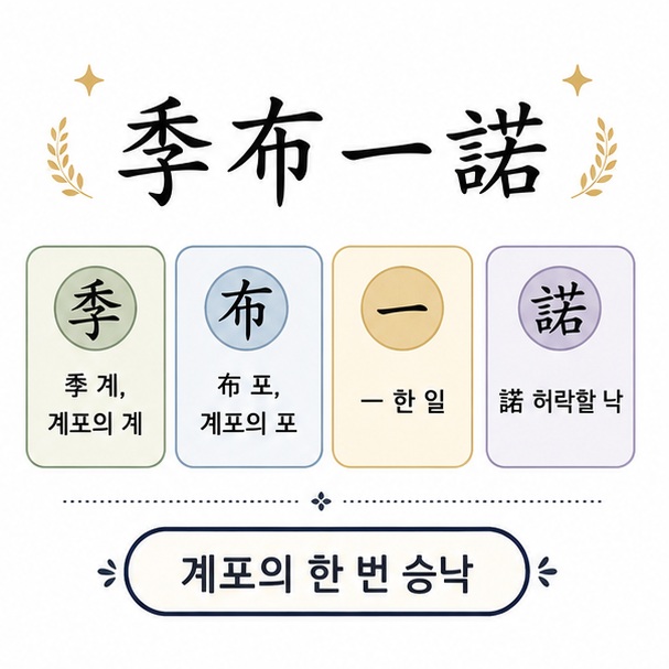 계포일낙의 한자 네 글자와 각각의 뜻을 쉽게 풀이한 이미지