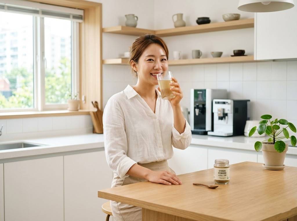 밝고 모던한 주방에서 한국인 여성이 시서스 가루를 물에 타서 가볍게 미소 지으며 마시려는 실사 사진