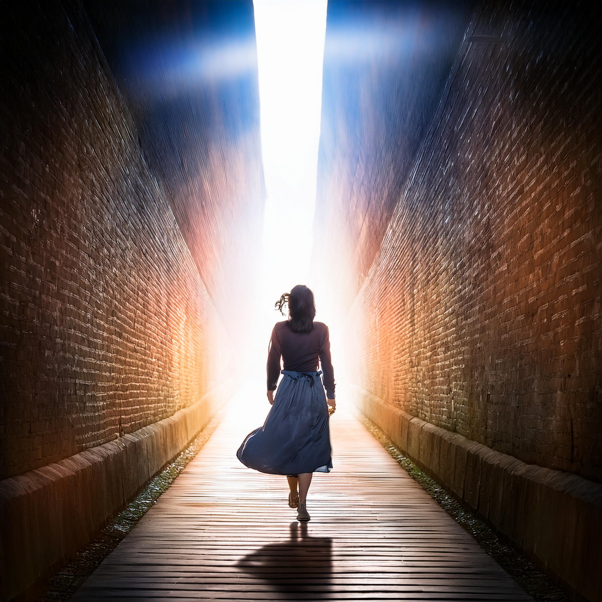 어두운 터널을 지나 밝은 빛으로 나아가는 사람의 모습. 추가 설명: 상속 문제를 극복하고 새로운 시작을 하는 상속인의 모습, 희망찬 미래를 향해 나아가는 모습 강조