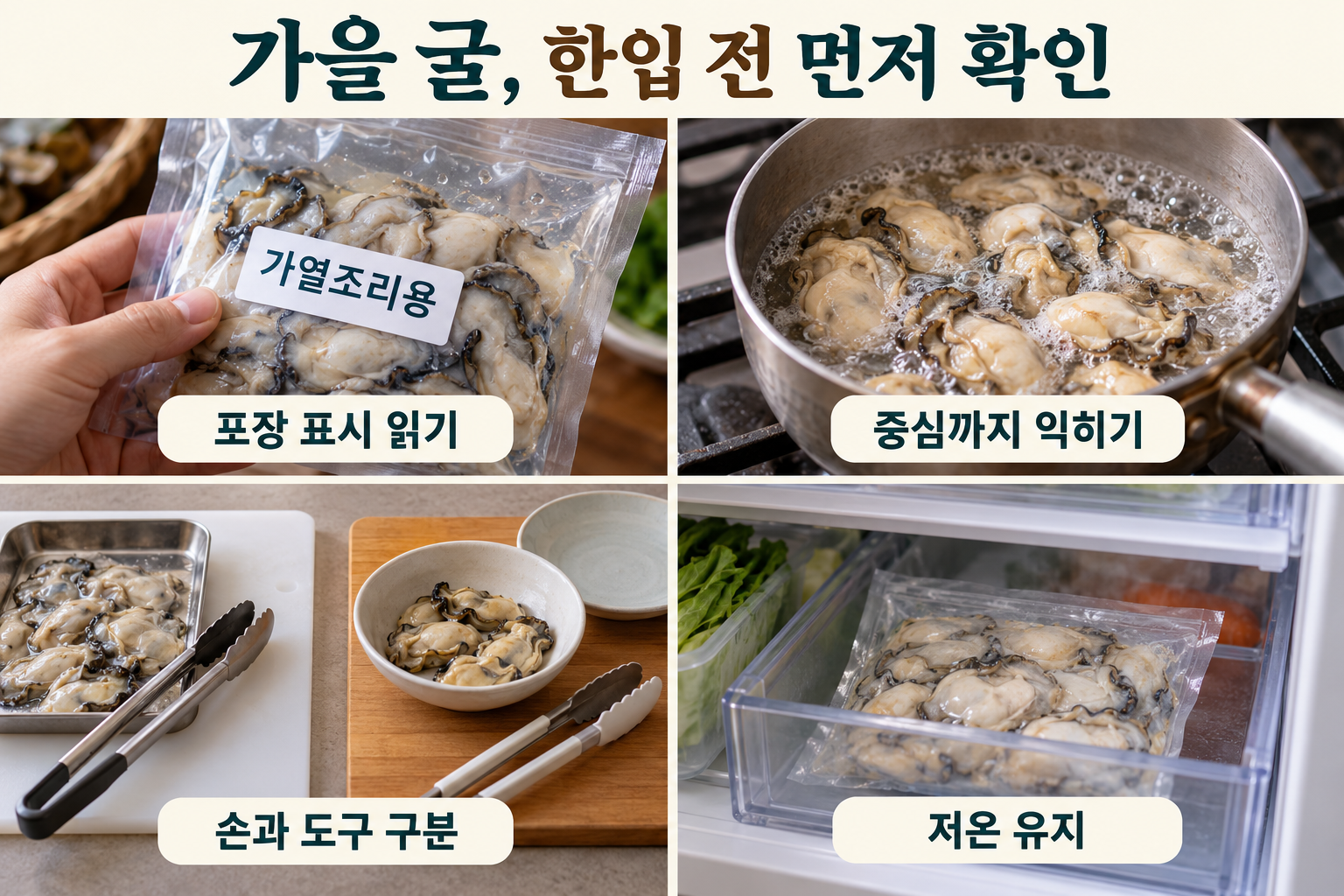 표시 읽기&middot;중심까지 익히기&middot;도구 분리&middot;저온 보관의 네 실사 장면.