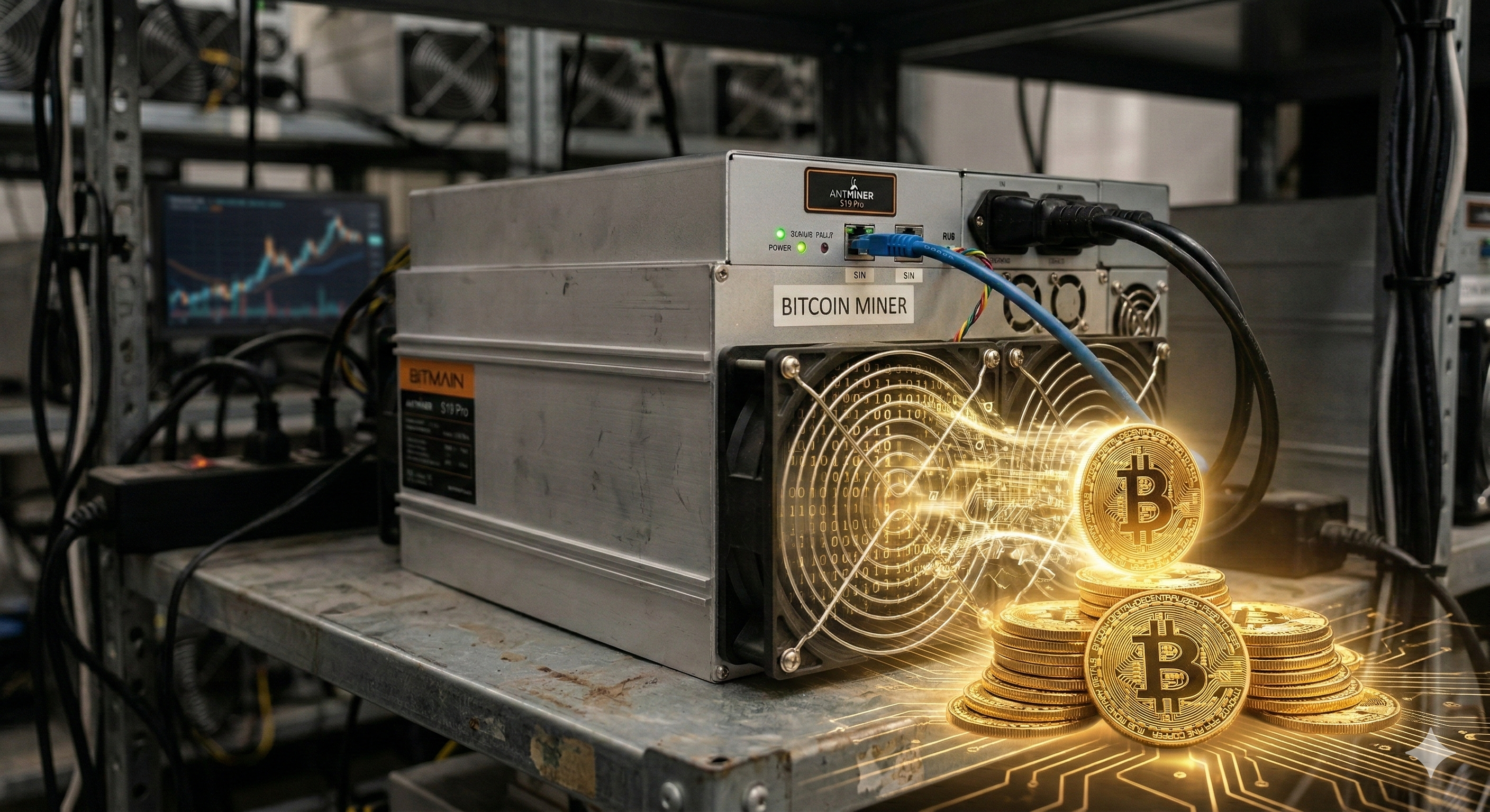 비트코인 채굴기를 통해 비트코인이 채굴되는 상상도