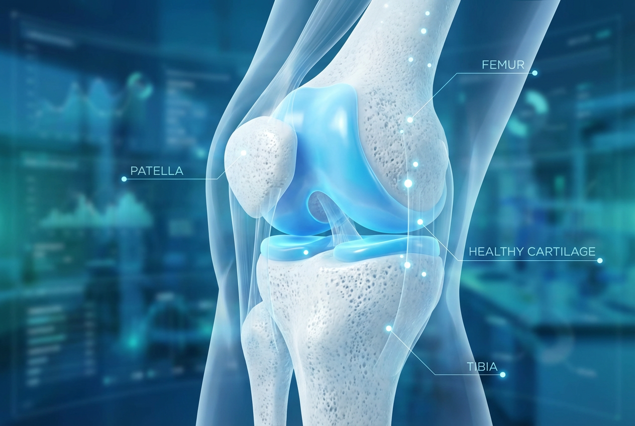 콘드로이친 섭취가 필요한 무릎 관절의 구조와 건강한 연골의 위치 설명 이미지
